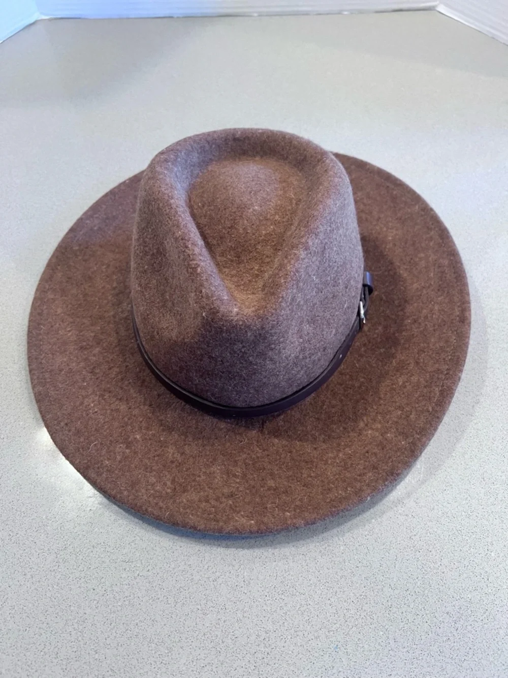 Classic Brown Wide-Brim Wool Felt Fedora Hat Band Buckle Detail One Size